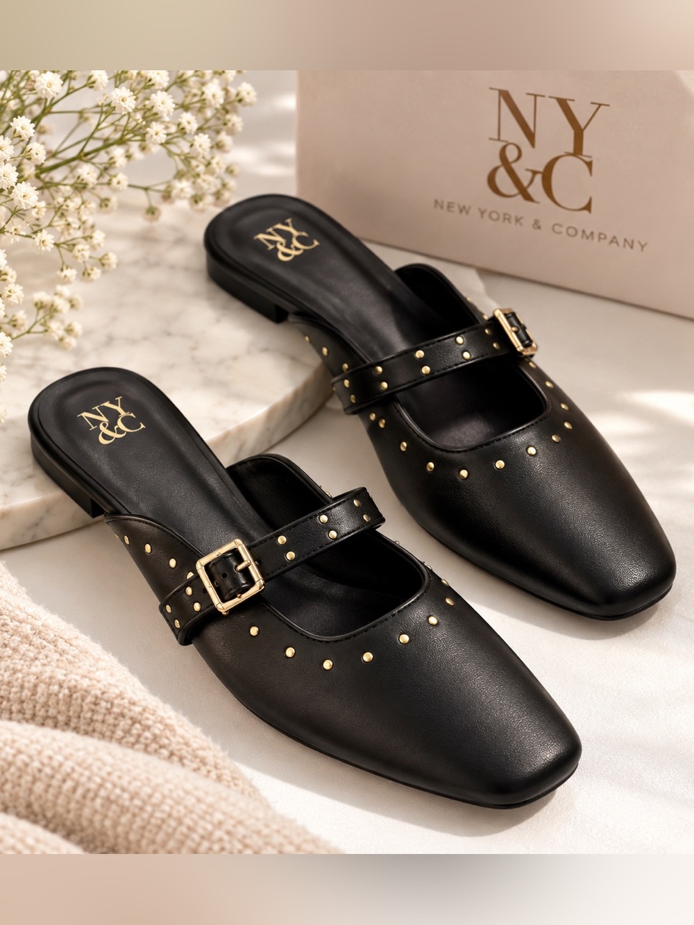 New York & Company Women’s Mule Flats Wide 8.5 Black Faux Leather Stud Buckle